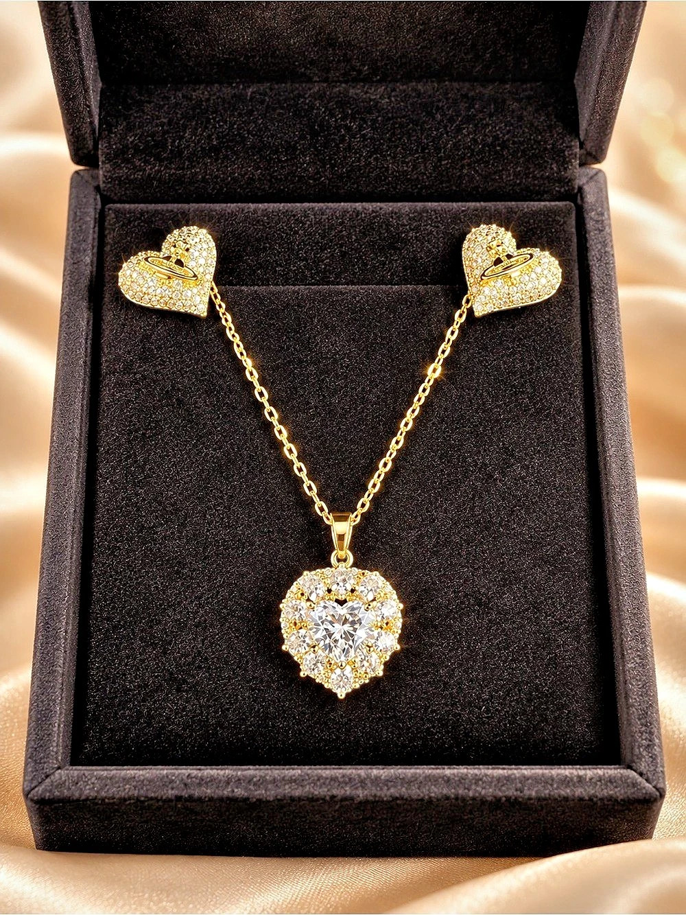 Vivienne Westwood Diamante Heart Necklace and Earrings Set Gold Plated